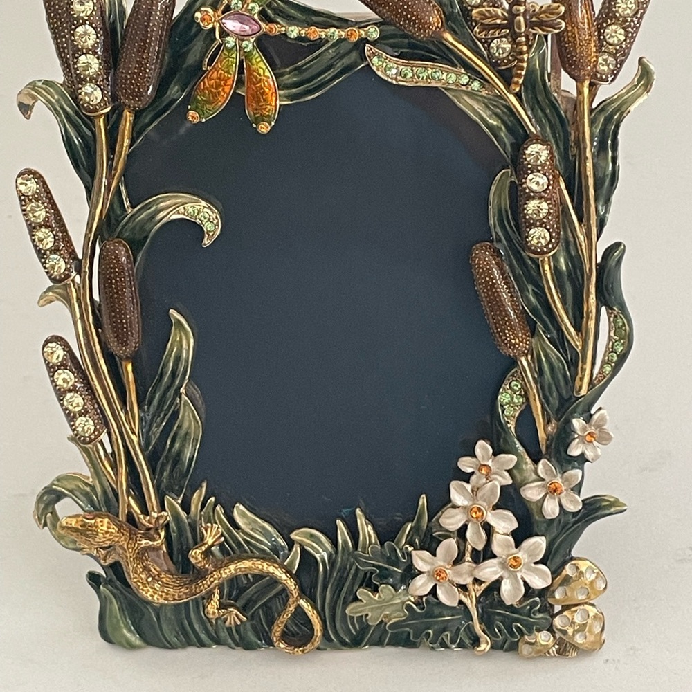 Jeweled, enameled frame. Cattails, lizard, dragonfly frame. Heavy nature frame.